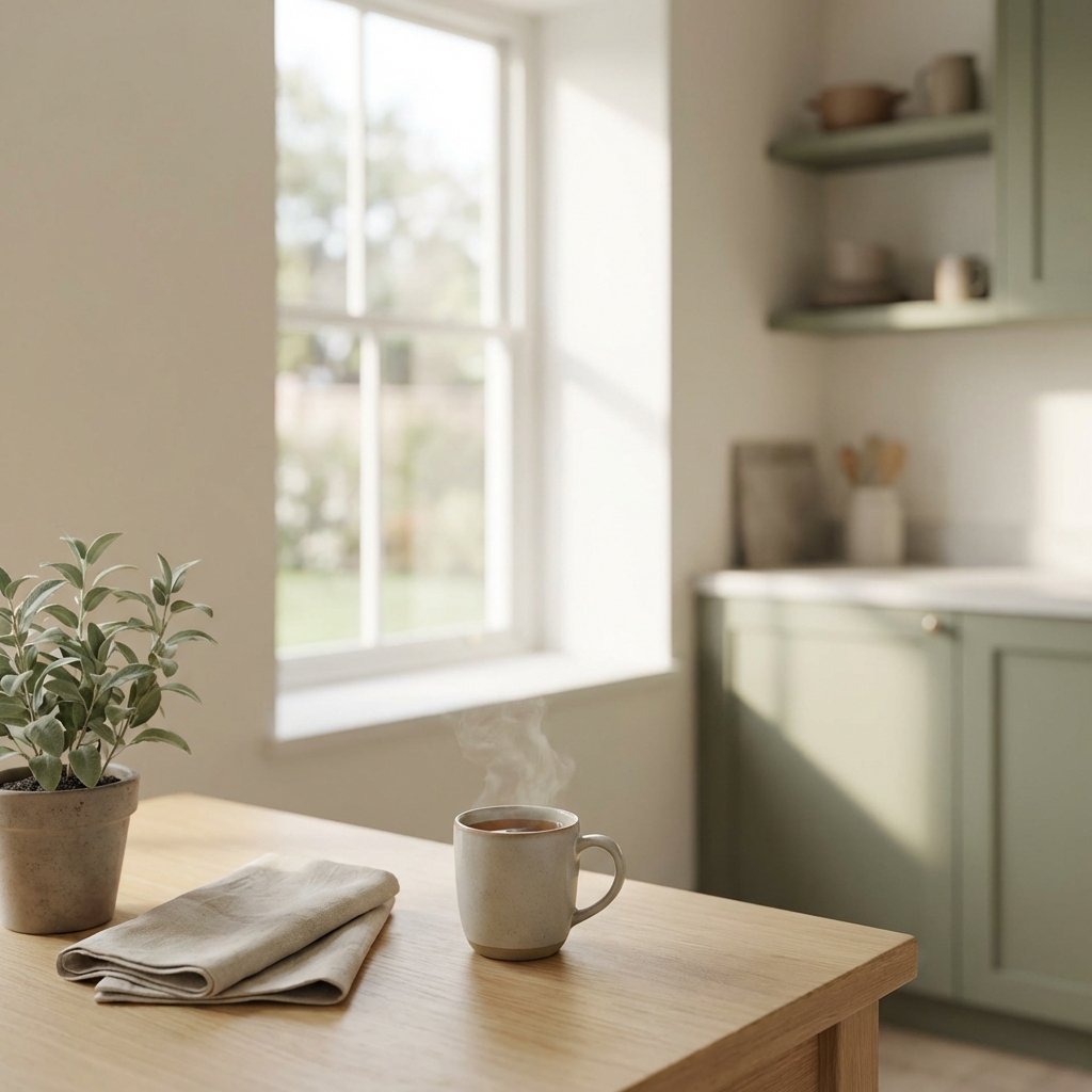 Tasse de thé fumante et plante verte sur une table en bois, cuisine aux tons sauge dans la lumière du matin.
