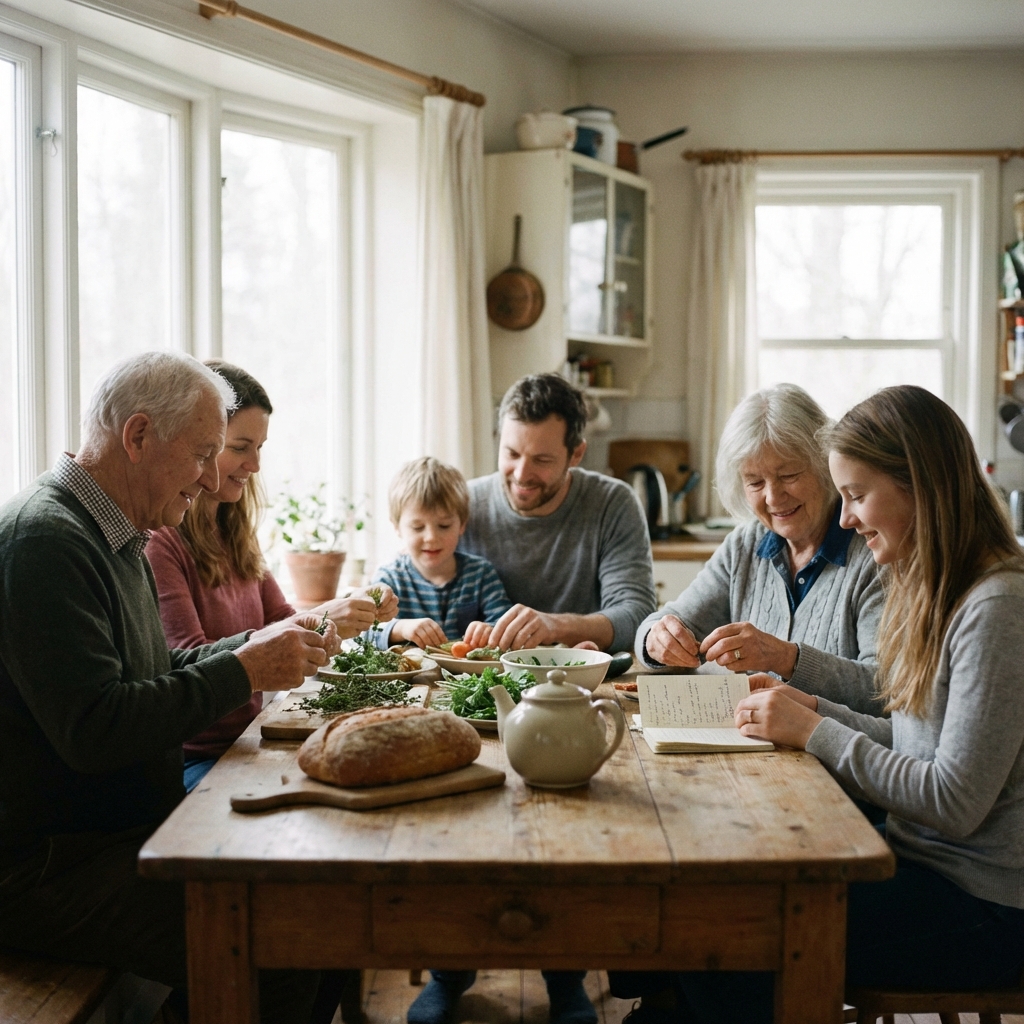 Sept personnes de trois générations partagent un repas autour d'une table en bois dans une cuisine lumineuse.