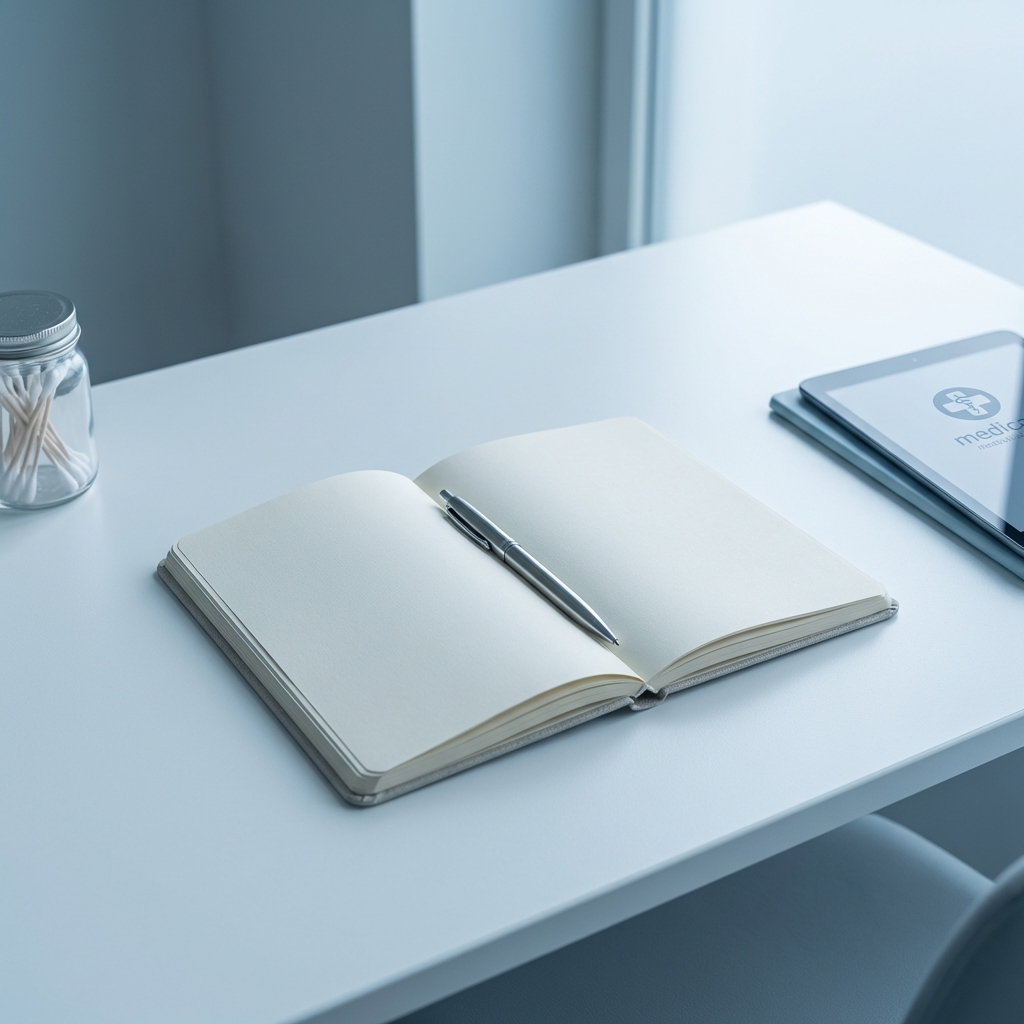 Carnet ouvert avec un stylo et une tablette posés sur un bureau clair, ambiance épurée et lumineuse.