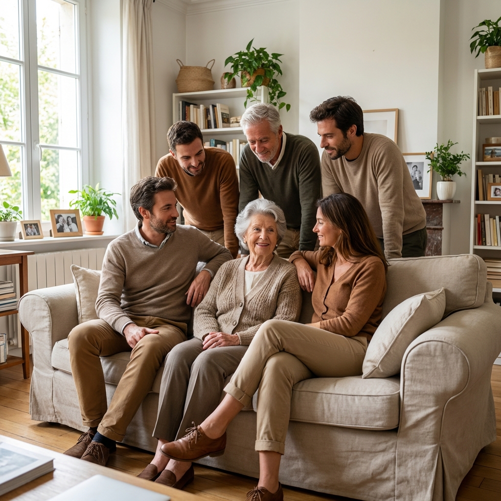 Plusieurs membres d'une même famille, trois générations, entourent une personne âgée sur un canapé dans un salon lumineux.