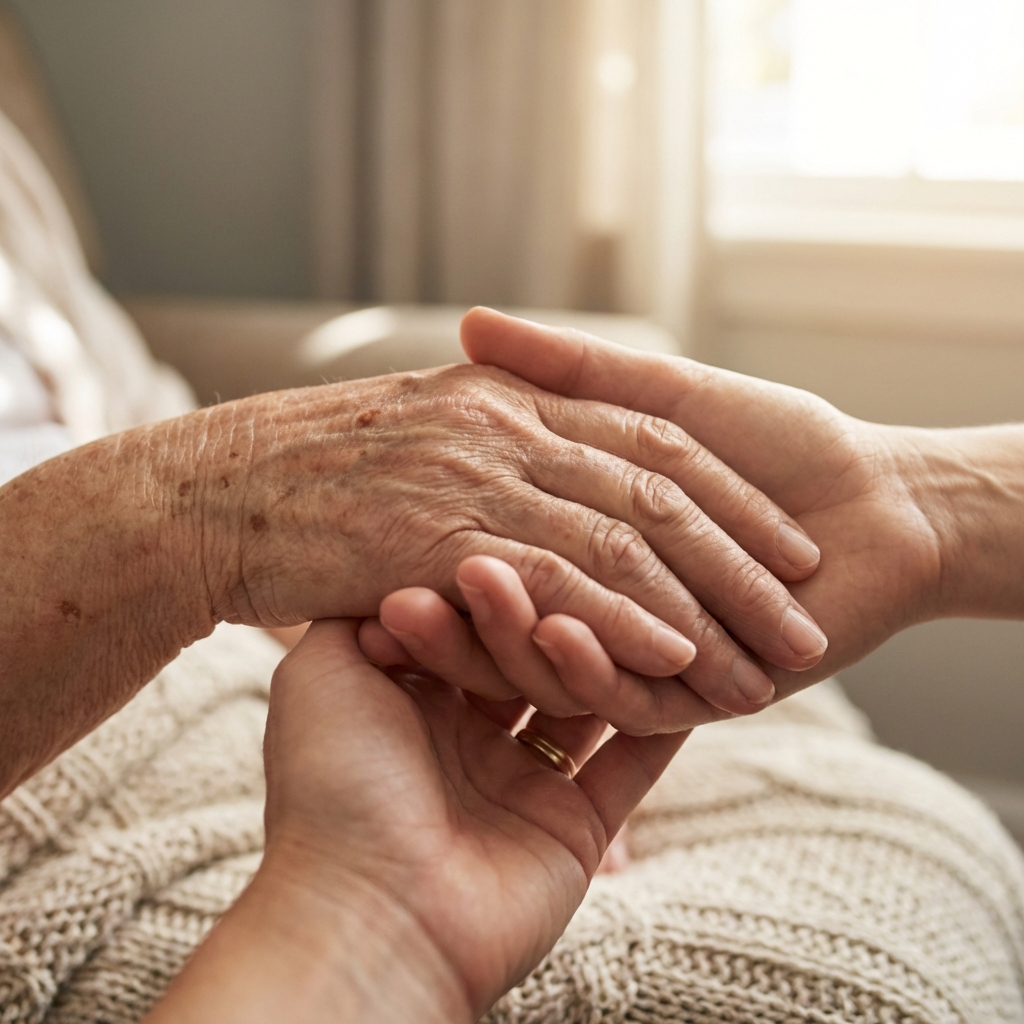 Une main jeune tient avec douceur la main ridée d'une personne âgée, dans une lumière chaleureuse.