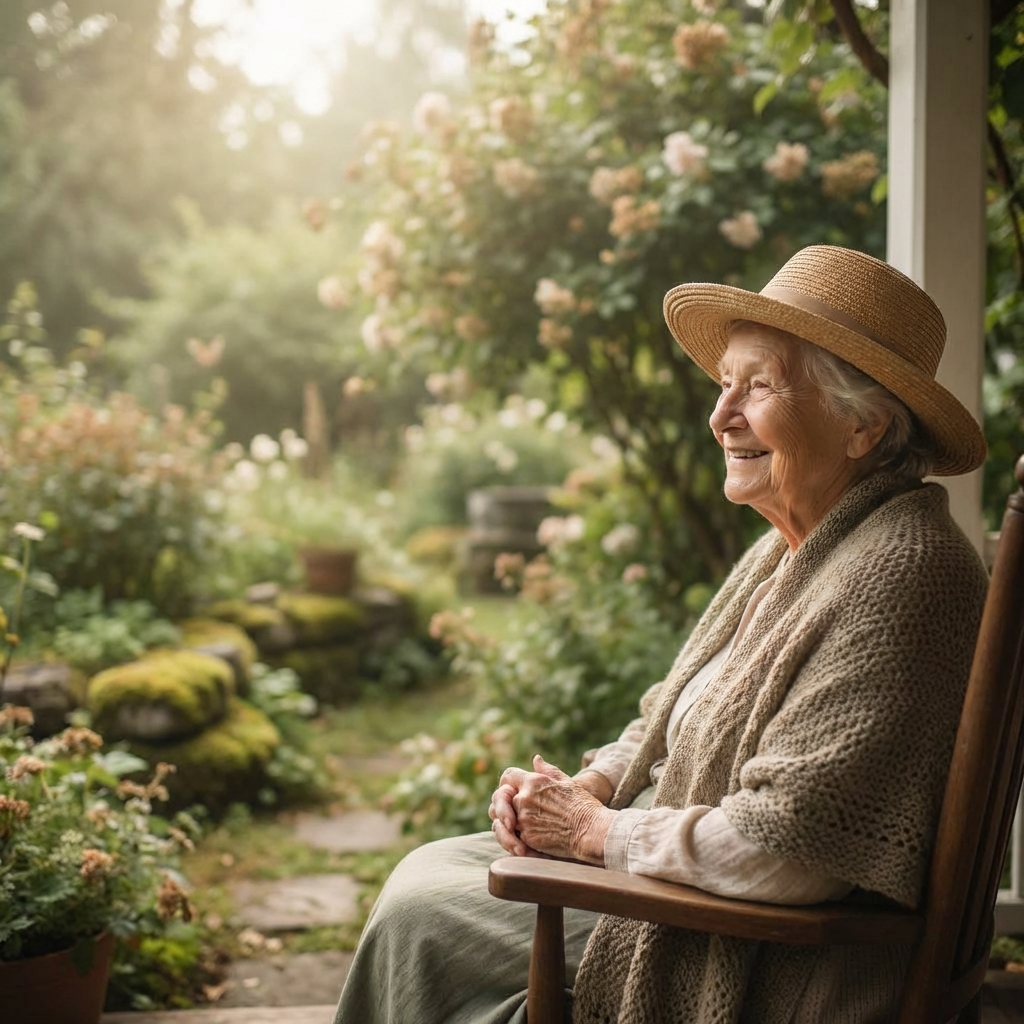 Une femme âgée souriante, chapeau de paille, assise sur une chaise dans un jardin fleuri baigné de lumière.