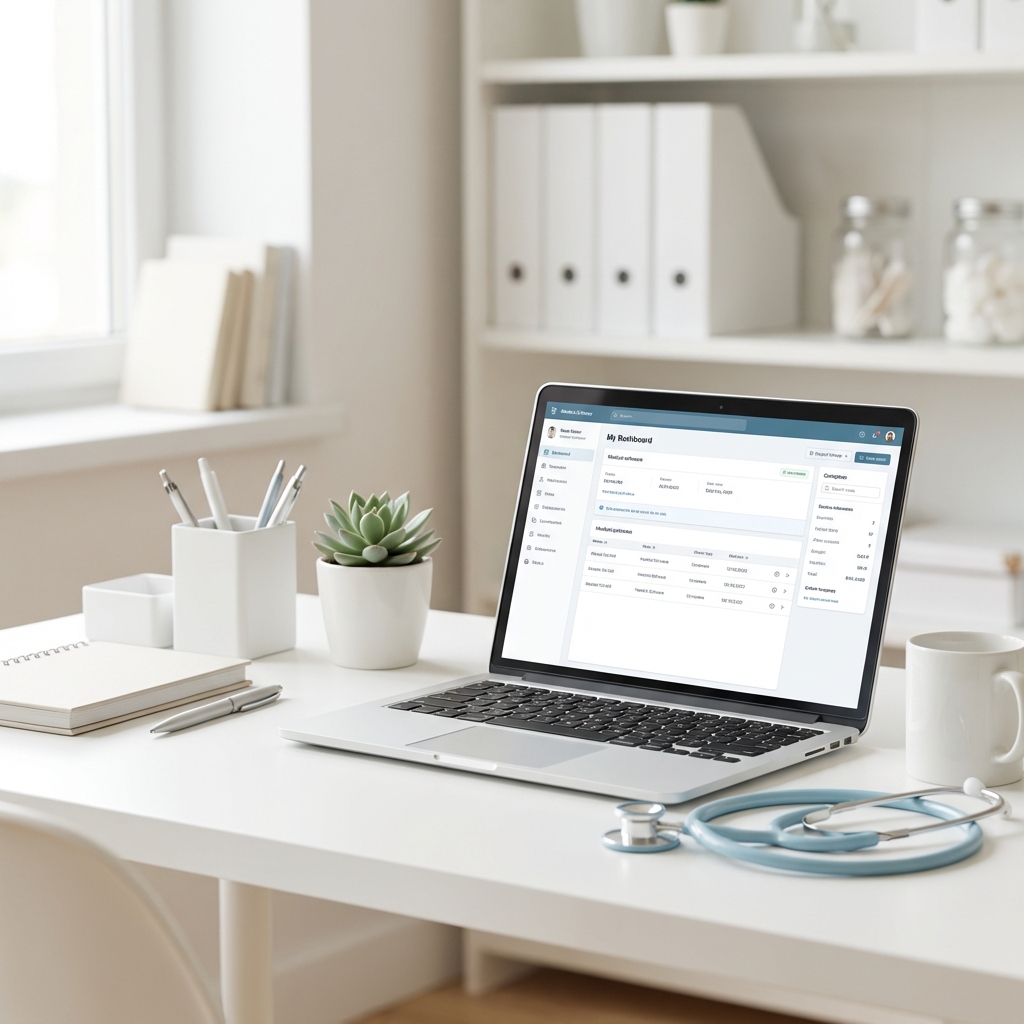 Bureau de professionnel de santé : ordinateur portable ouvert sur un tableau de bord, stéthoscope, plante, carnet, lumière naturelle.